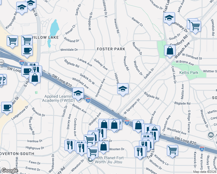 map of restaurants, bars, coffee shops, grocery stores, and more near 4108 Bilglade Road in Fort Worth