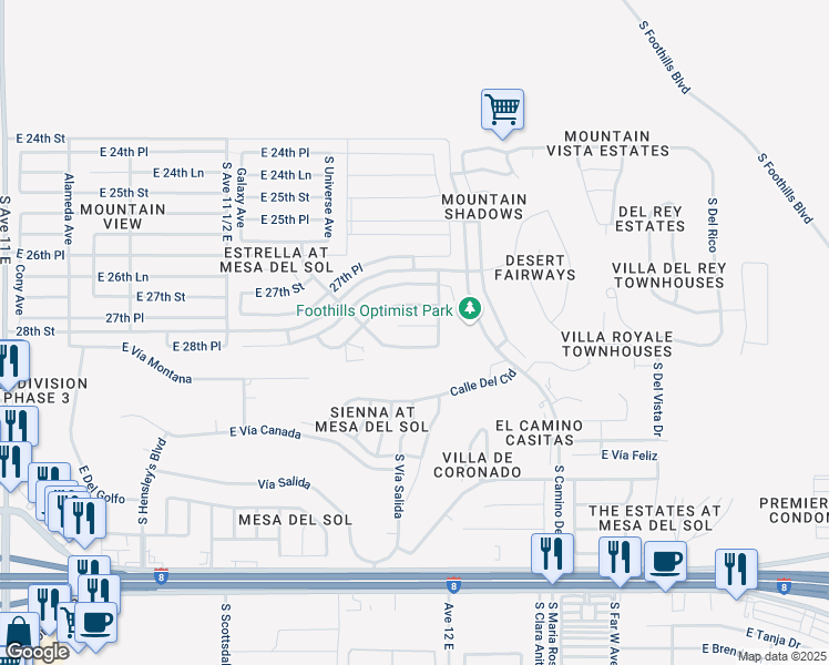 map of restaurants, bars, coffee shops, grocery stores, and more near 11812 Eclipse Court in Yuma