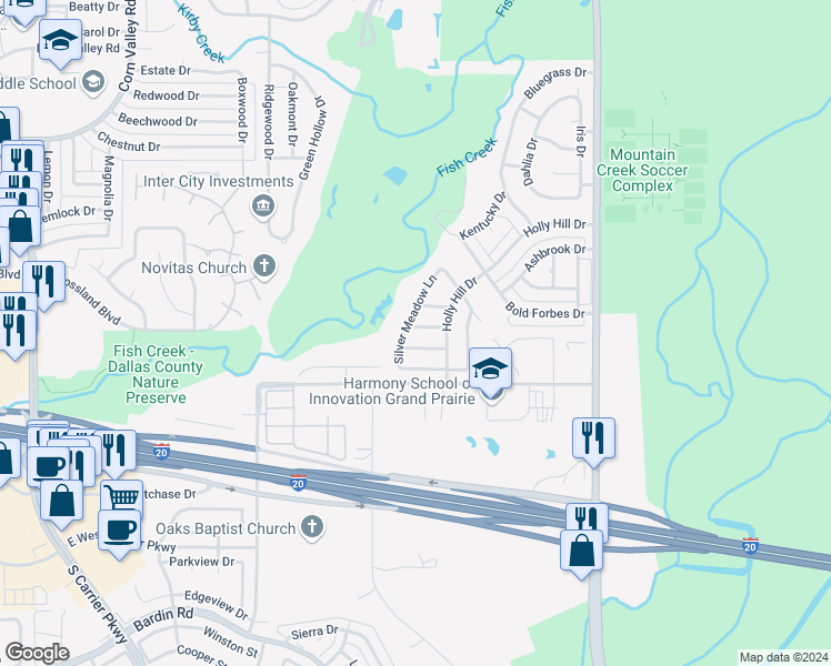 map of restaurants, bars, coffee shops, grocery stores, and more near 1109 Brevito Drive in Grand Prairie