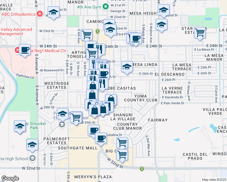 map of restaurants, bars, coffee shops, grocery stores, and more near 250 West 27th Street in Yuma
