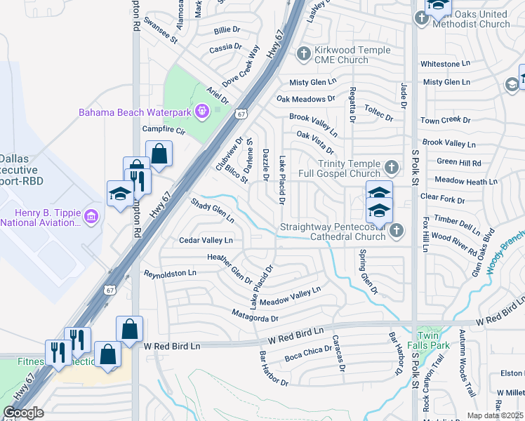 map of restaurants, bars, coffee shops, grocery stores, and more near 5327 Dazzle Drive in Dallas