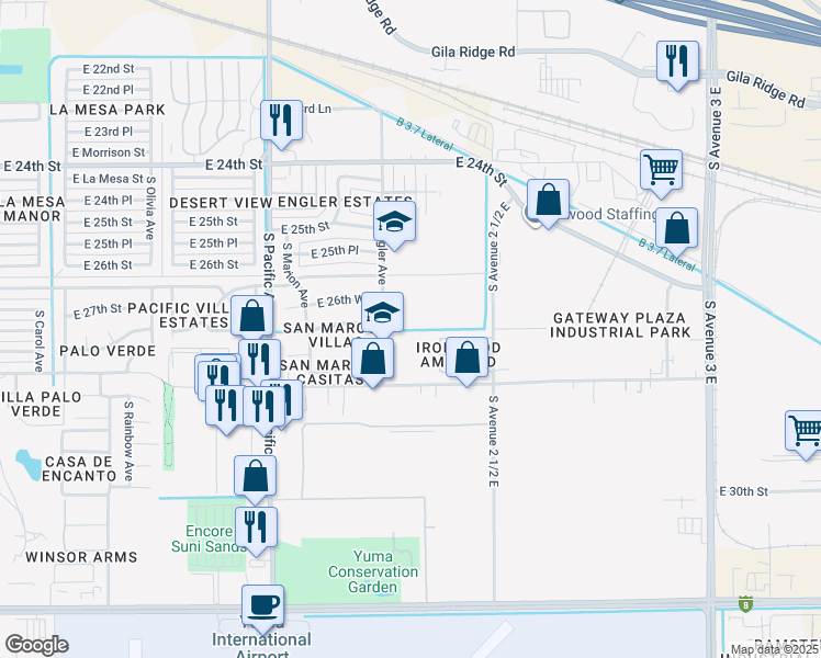 map of restaurants, bars, coffee shops, grocery stores, and more near 2699 South Engler Avenue in Yuma