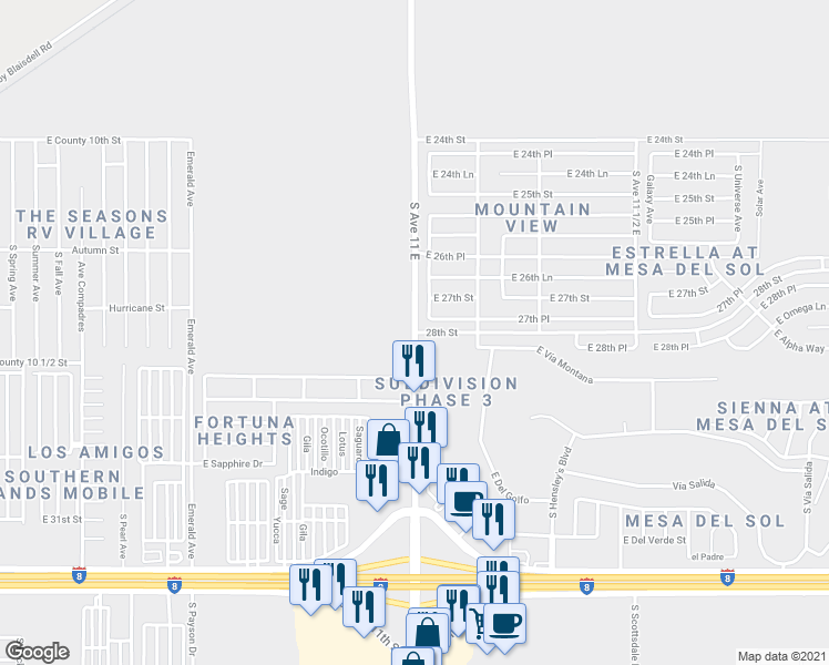 map of restaurants, bars, coffee shops, grocery stores, and more near South Avenue 11 East in Yuma