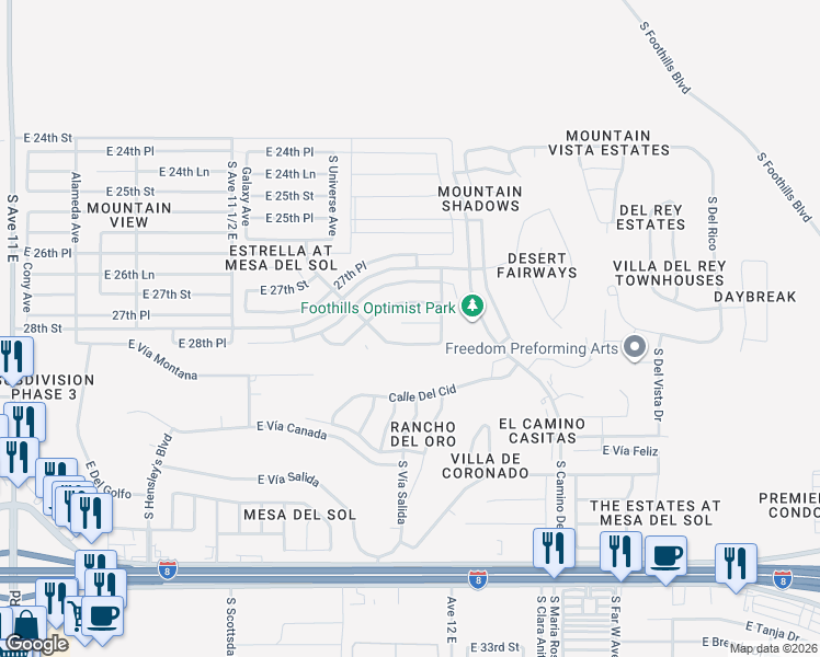 map of restaurants, bars, coffee shops, grocery stores, and more near 11812 Eclipse Court in Yuma