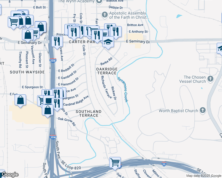 map of restaurants, bars, coffee shops, grocery stores, and more near 4717 Richards Terrace in Fort Worth