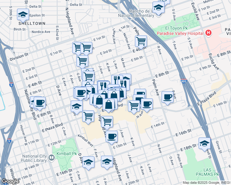map of restaurants, bars, coffee shops, grocery stores, and more near 1038 East 8th Street in National City