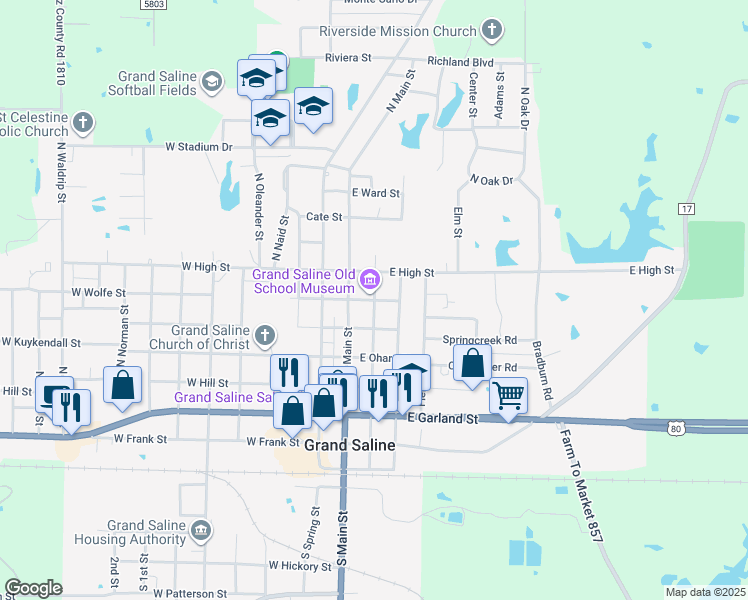 map of restaurants, bars, coffee shops, grocery stores, and more near 199 Redbud Lane in Grand Saline