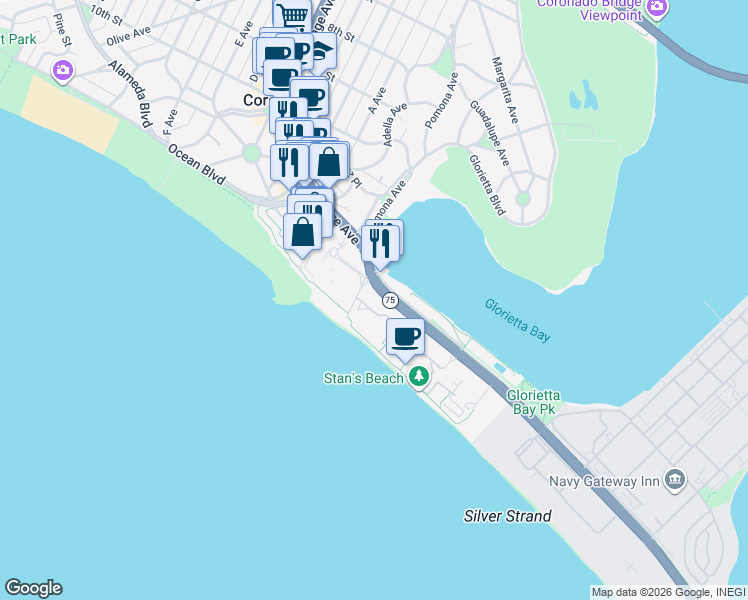 map of restaurants, bars, coffee shops, grocery stores, and more near 220 Bayshore Bikeway (Silver Strand Bikeway) in Coronado