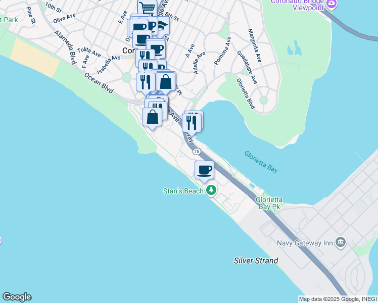 map of restaurants, bars, coffee shops, grocery stores, and more near 1710 Avenida Del Mundo in Coronado