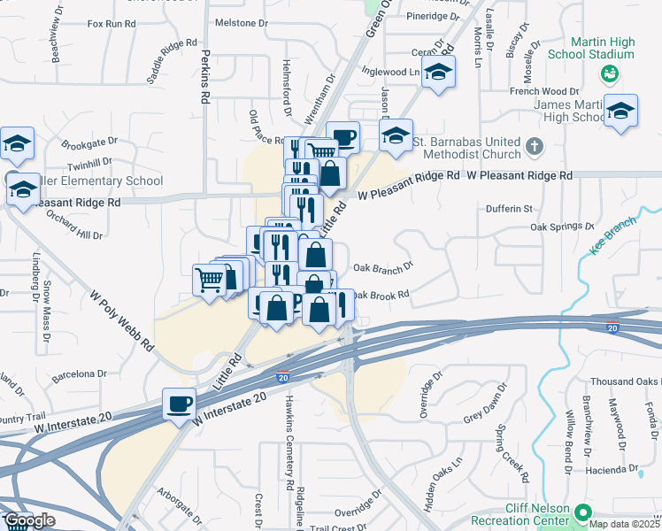 map of restaurants, bars, coffee shops, grocery stores, and more near 4381 West Green Oaks Boulevard in Arlington