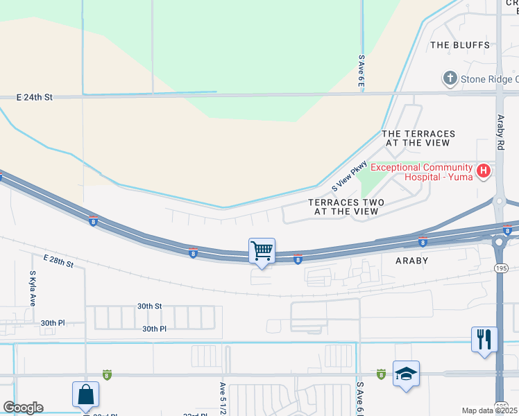 map of restaurants, bars, coffee shops, grocery stores, and more near 5642 East View Parkway in Yuma