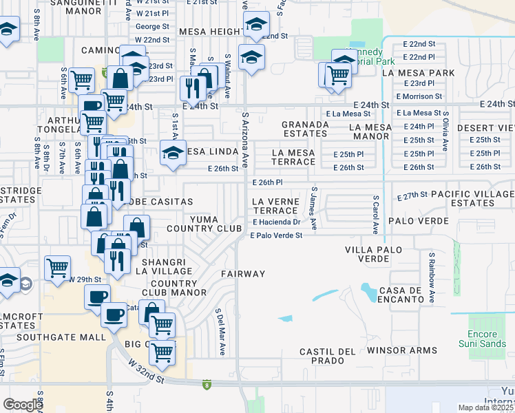 map of restaurants, bars, coffee shops, grocery stores, and more near 2727 South Arizona Avenue in Yuma