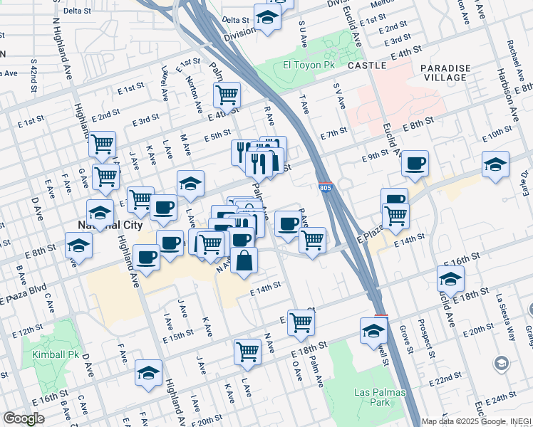 map of restaurants, bars, coffee shops, grocery stores, and more near 940 Palm Avenue in National City
