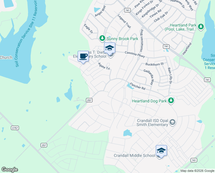 map of restaurants, bars, coffee shops, grocery stores, and more near 3411 Fletcher Road in Crandall