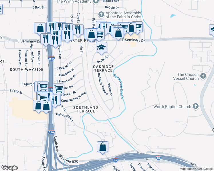 map of restaurants, bars, coffee shops, grocery stores, and more near 4717 Richards Terrace in Fort Worth