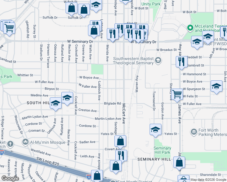 map of restaurants, bars, coffee shops, grocery stores, and more near 4620 Sandage Avenue in Fort Worth