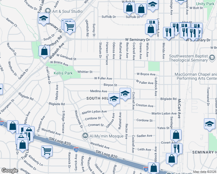 map of restaurants, bars, coffee shops, grocery stores, and more near 3258 Binyon Avenue in Fort Worth
