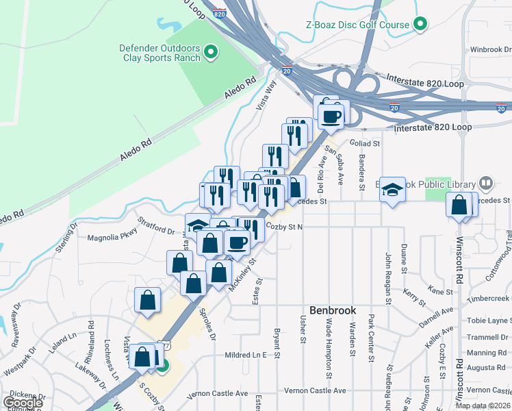 map of restaurants, bars, coffee shops, grocery stores, and more near 8704 Benbrook Boulevard in Benbrook