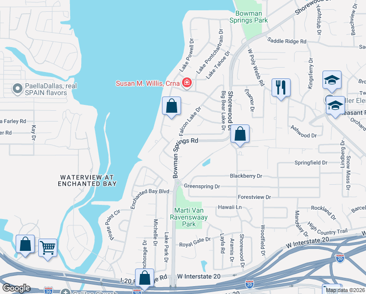 map of restaurants, bars, coffee shops, grocery stores, and more near 4101 Bowman Springs Road in Arlington