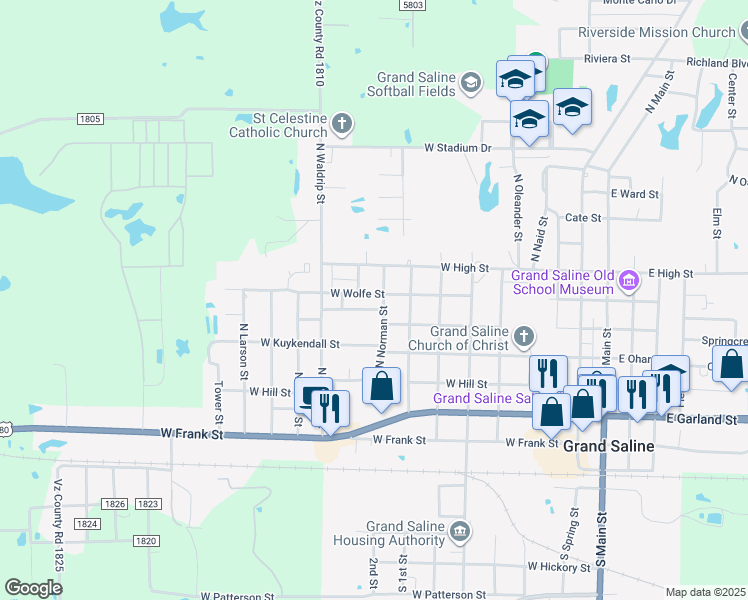 map of restaurants, bars, coffee shops, grocery stores, and more near 905 West Wolfe Street in Grand Saline