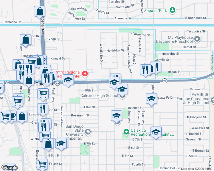 map of restaurants, bars, coffee shops, grocery stores, and more near 710 East Birch Street in Calexico