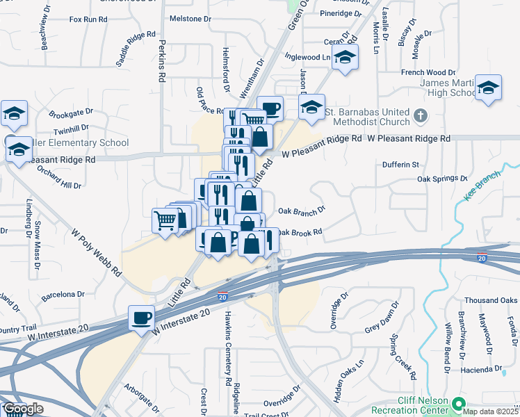 map of restaurants, bars, coffee shops, grocery stores, and more near 4381 West Green Oaks Boulevard in Arlington