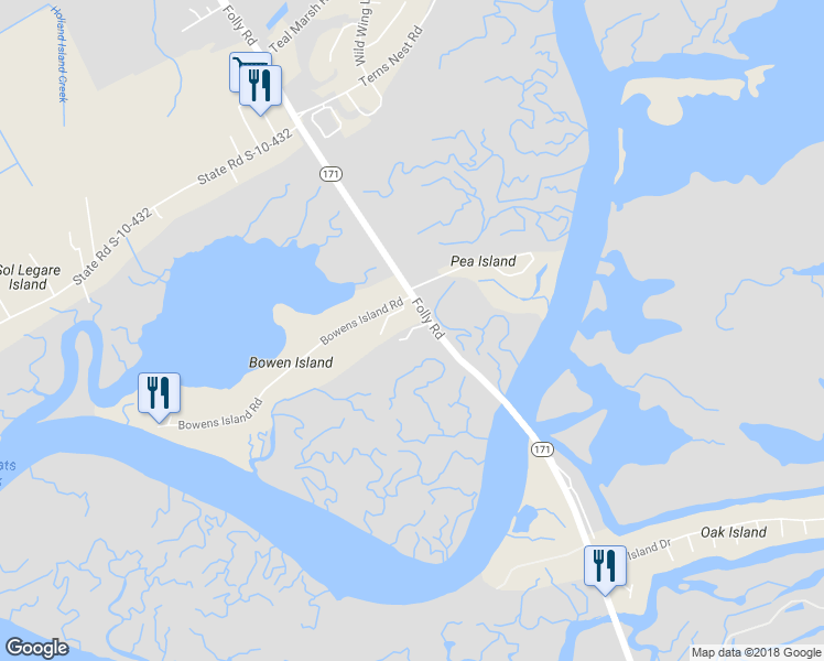 map of restaurants, bars, coffee shops, grocery stores, and more near Tides End Road in Charleston