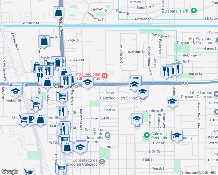 map of restaurants, bars, coffee shops, grocery stores, and more near 830 C.N.Perry Avenue in Calexico