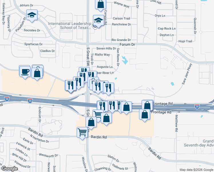 map of restaurants, bars, coffee shops, grocery stores, and more near 2530 Sara Jane Parkway in Grand Prairie