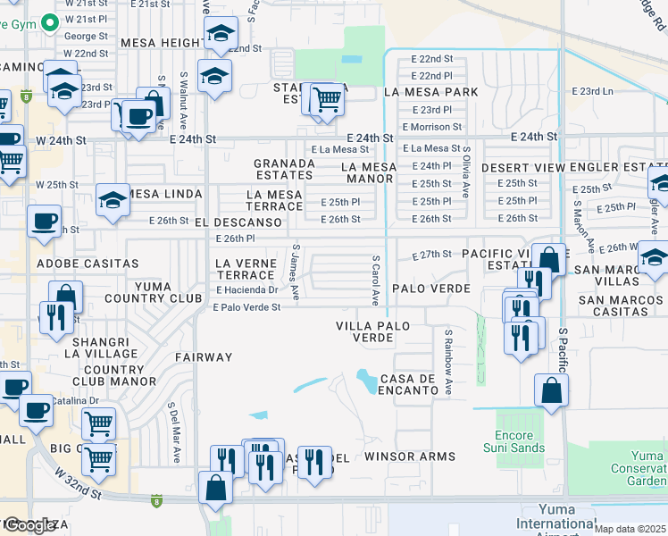 map of restaurants, bars, coffee shops, grocery stores, and more near 1046 East Hacienda Drive in Yuma