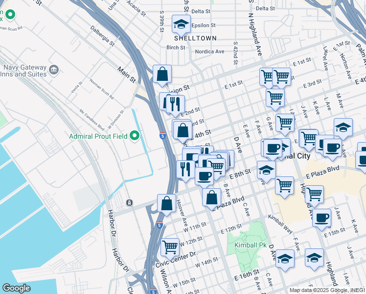 map of restaurants, bars, coffee shops, grocery stores, and more near 421 National City Boulevard in National City
