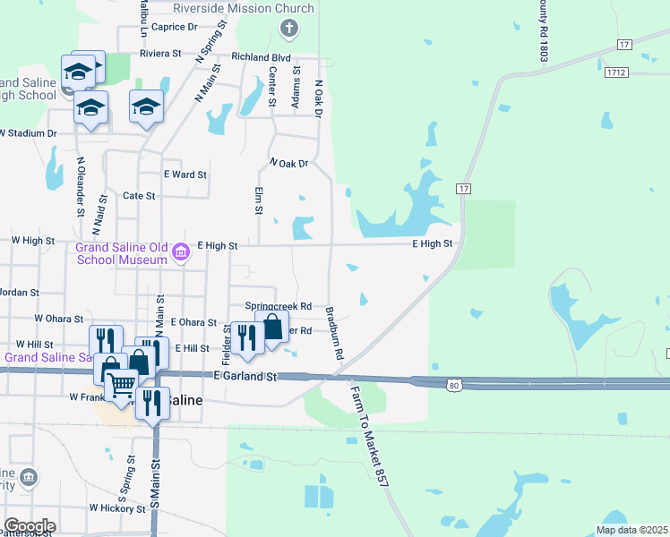 map of restaurants, bars, coffee shops, grocery stores, and more near 520 Bradburn Road in Grand Saline