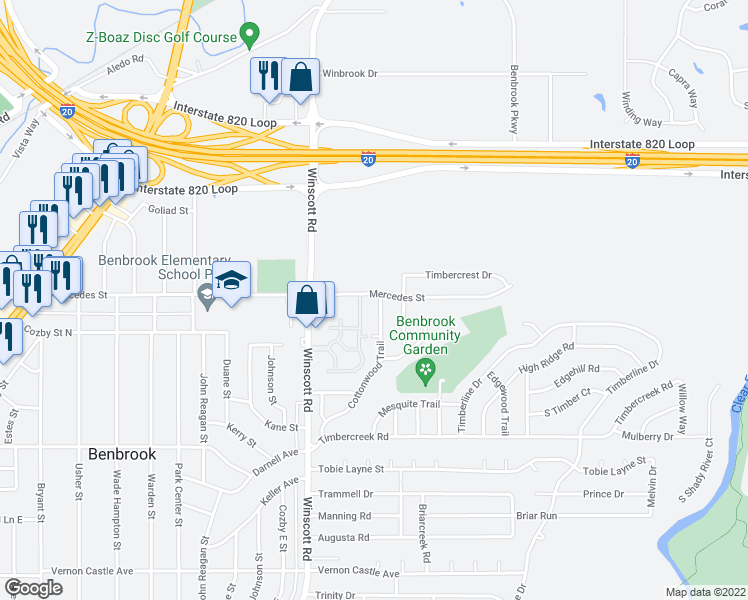 map of restaurants, bars, coffee shops, grocery stores, and more near 900 Cottonwood Trail in Fort Worth