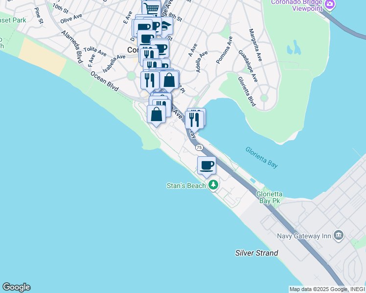 map of restaurants, bars, coffee shops, grocery stores, and more near 1700 Avenida Del Mundo in Coronado