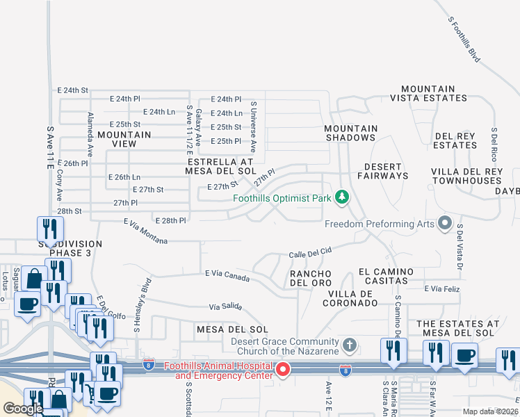 map of restaurants, bars, coffee shops, grocery stores, and more near 11806 East Alpha Way in Yuma