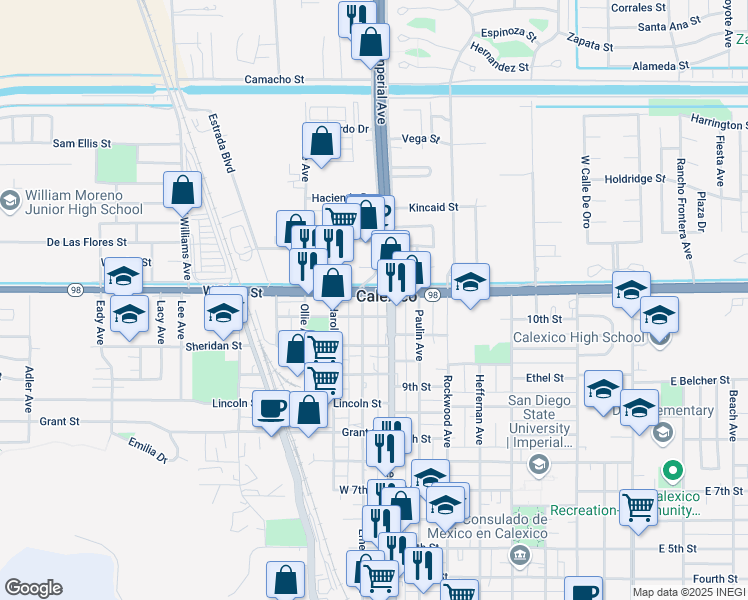 map of restaurants, bars, coffee shops, grocery stores, and more near 100 California 98 in Calexico