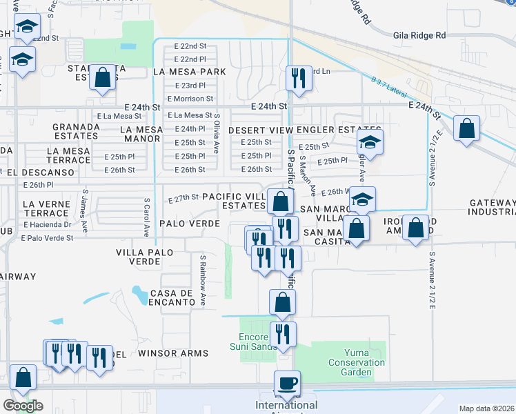 map of restaurants, bars, coffee shops, grocery stores, and more near 1802 San Marcos Drive in Yuma
