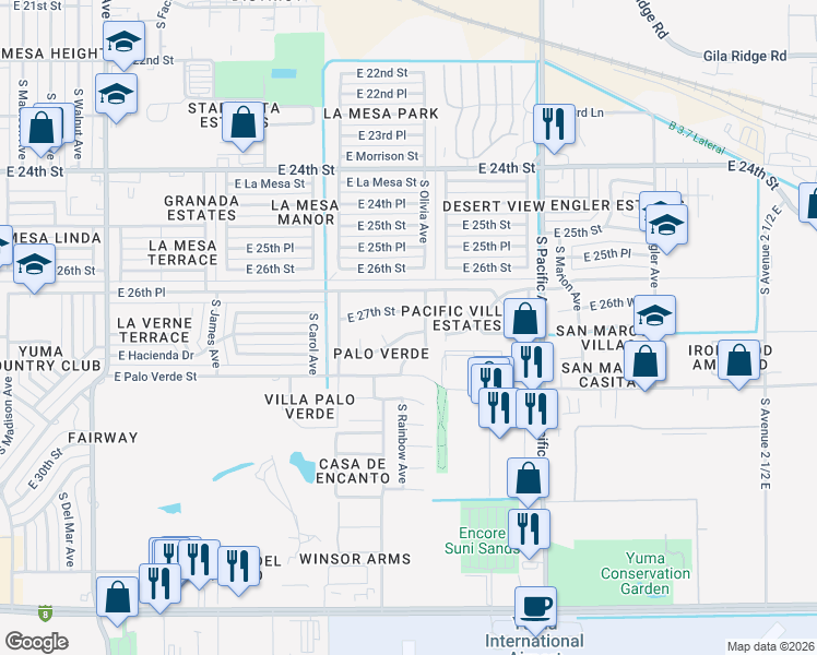 map of restaurants, bars, coffee shops, grocery stores, and more near 1563 East 27th Street in Yuma