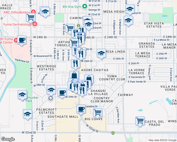 map of restaurants, bars, coffee shops, grocery stores, and more near 250 West 27th Street in Yuma