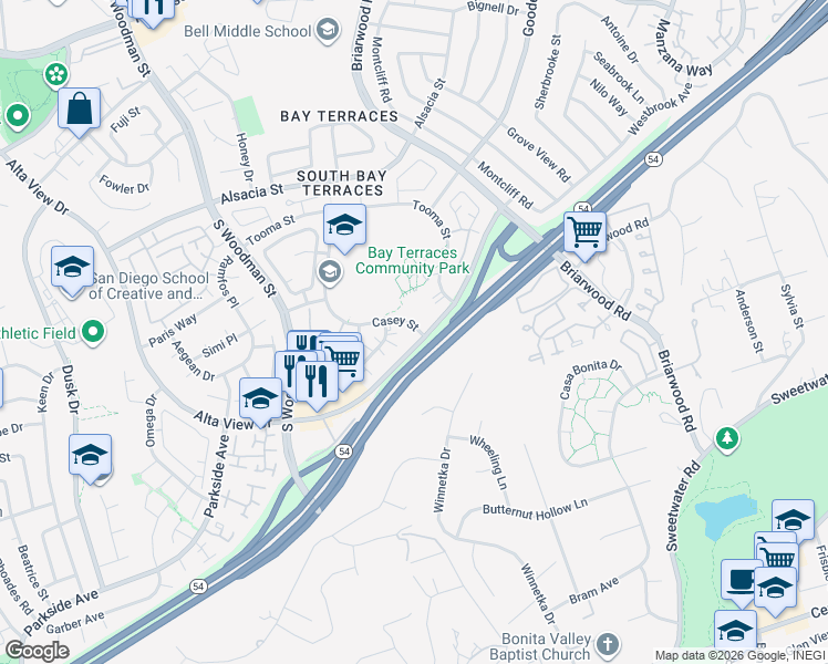 map of restaurants, bars, coffee shops, grocery stores, and more near 2890 Casey Street in San Diego