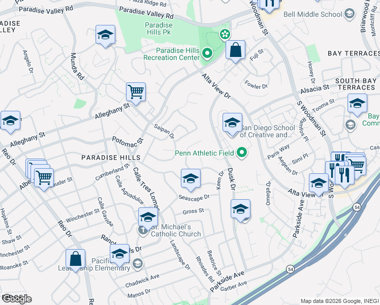 map of restaurants, bars, coffee shops, grocery stores, and more near 6306 Viewpoint Court in San Diego
