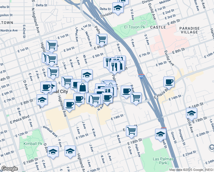 map of restaurants, bars, coffee shops, grocery stores, and more near 1446 East 8th Street in National City