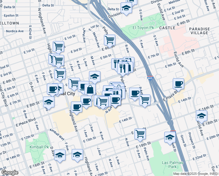 map of restaurants, bars, coffee shops, grocery stores, and more near 1446 East 8th Street in National City