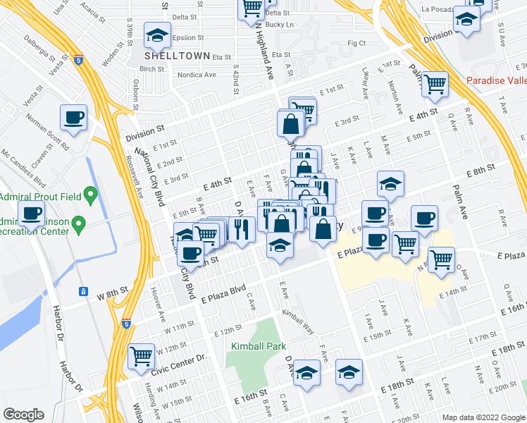 map of restaurants, bars, coffee shops, grocery stores, and more near 522 East 6th Street in National City