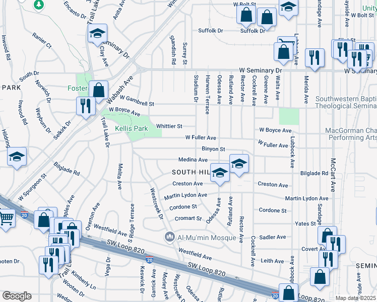 map of restaurants, bars, coffee shops, grocery stores, and more near 3350 Binyon Avenue in Fort Worth