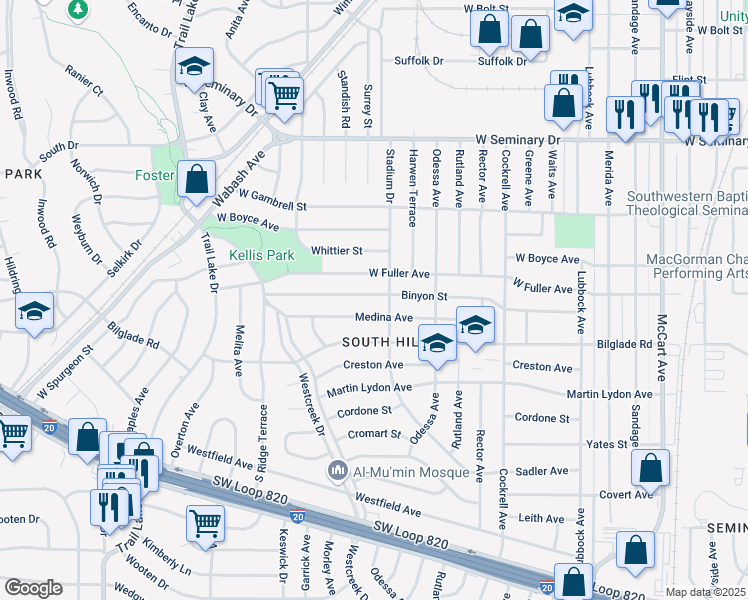 map of restaurants, bars, coffee shops, grocery stores, and more near 3350 Binyon Avenue in Fort Worth