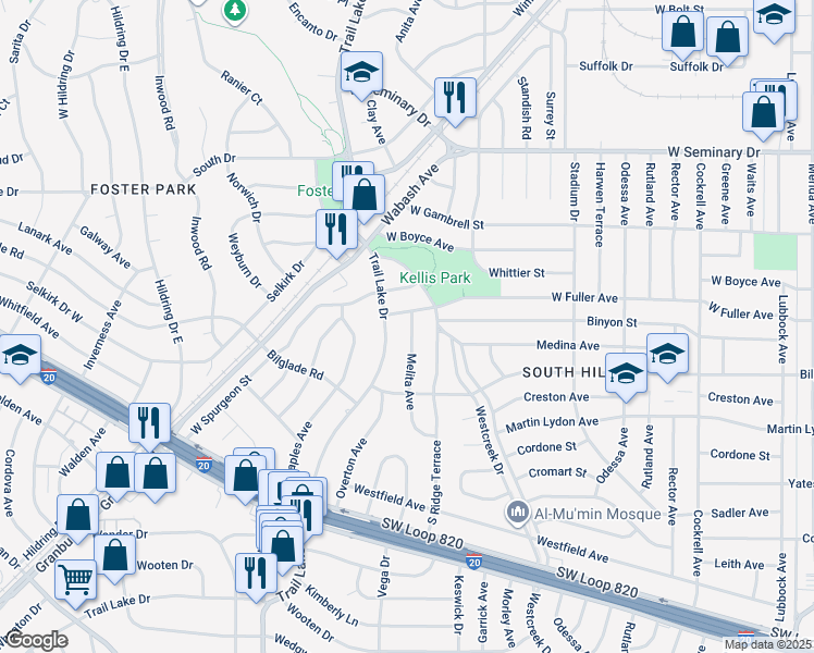 map of restaurants, bars, coffee shops, grocery stores, and more near 4705 Melita Avenue in Fort Worth