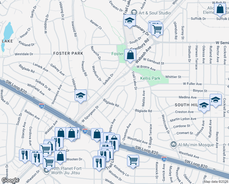 map of restaurants, bars, coffee shops, grocery stores, and more near 3824 West Spurgeon Street in Fort Worth