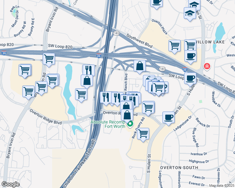 map of restaurants, bars, coffee shops, grocery stores, and more near 5213 Hunters Ridge in Fort Worth