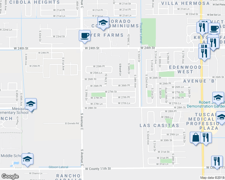 map of restaurants, bars, coffee shops, grocery stores, and more near 3652 West 27th Street in Yuma